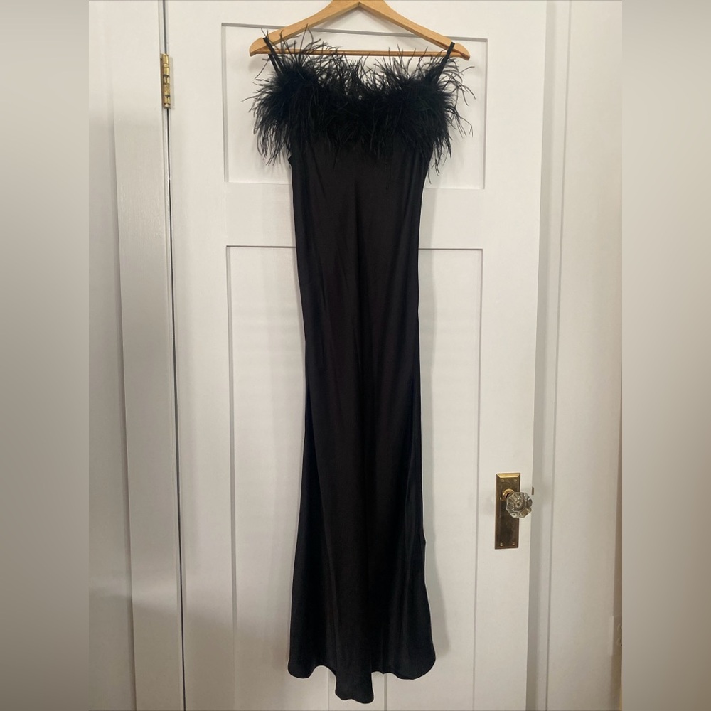 Sleeper Boheme Midi Slip Dress With Feathers In Black Size S Small
